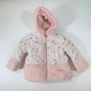 Betsey Johnson Baby Girl 18M Winter Coat Pink Faux Fur Heart Puffer Jacket